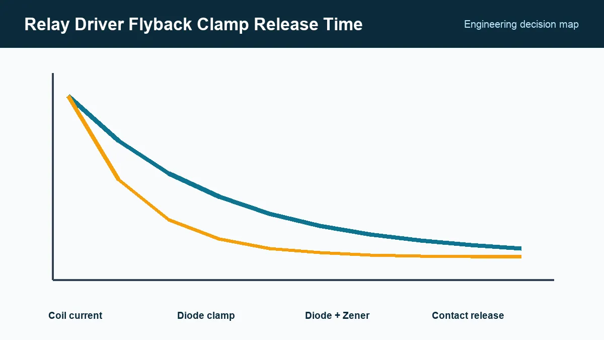 Relay-coil current decay for diode and higher-voltage clamps