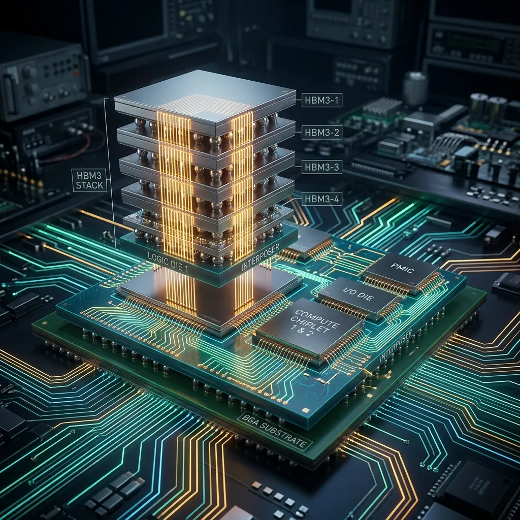 High-tech 3D rendering of advanced chip packaging with multiple silicon dies stacked