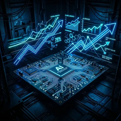 Abstract representation of AI semiconductor market data and a traditional circuit board highlighting supply chain trends