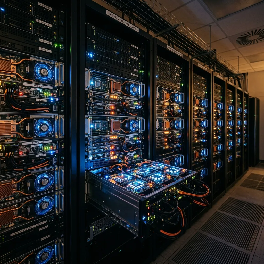 High-performance AI server racks with glowing logic chips and ASICs