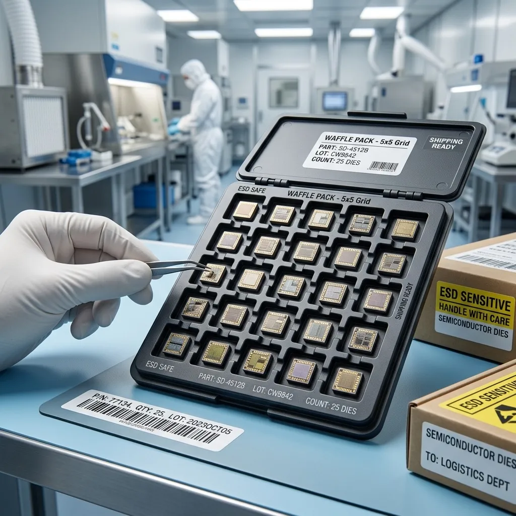 Semiconductor bare die in a waffle pack ready for cleanroom handling and shipping logistics