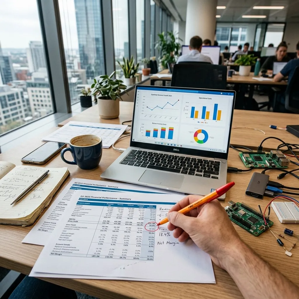 Realistic office desk with financial spreadsheets and electronic components showing BOM hidden procurement costs and risk assessment
