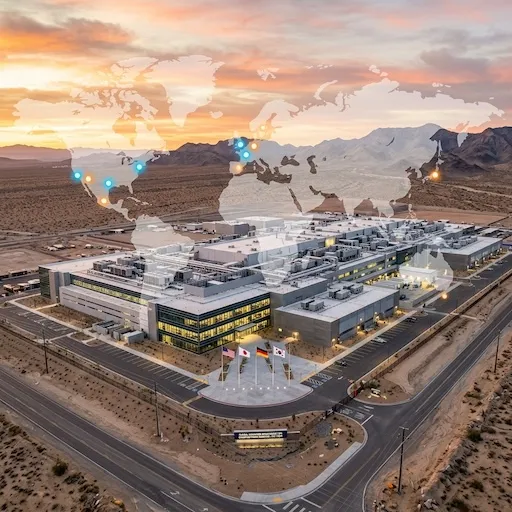 Heavy construction crane and advanced cleanroom structure of a newly reshored semiconductor fabrication plant in 2026