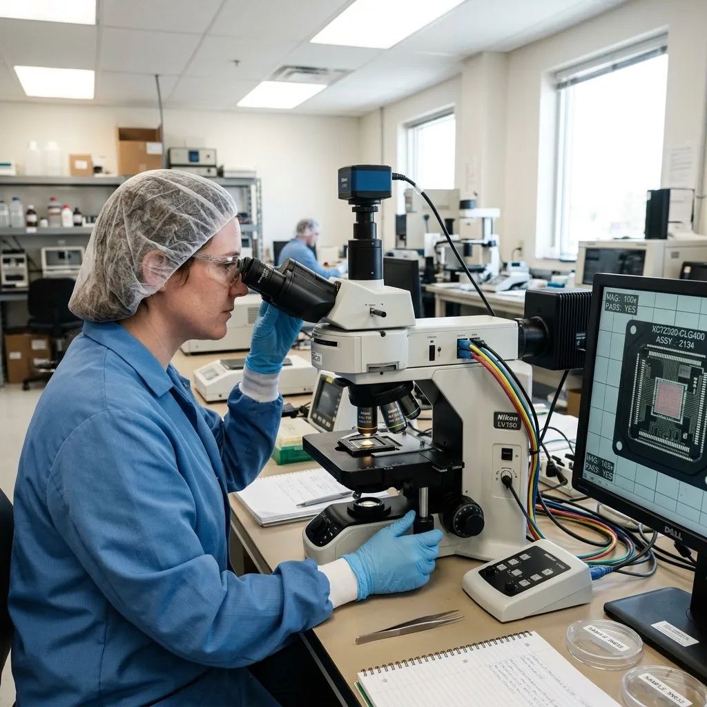Realistic optical microscope inspection of a microchip in a quality assurance laboratory to detect counterfeit components