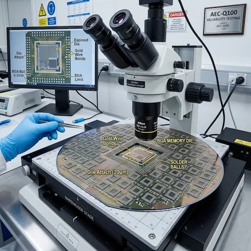 Chemical etching verification of an eMCP BGA chip on a testing bench