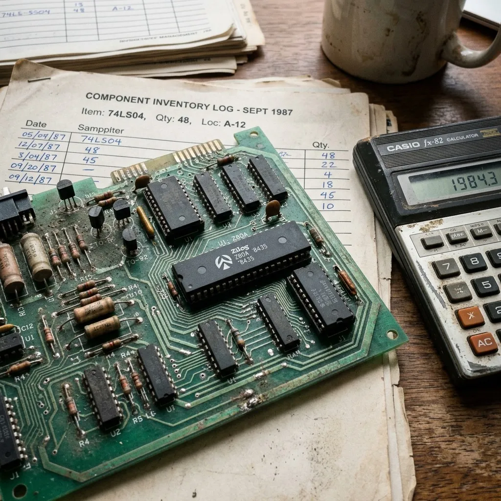 Realistic obsolete electronic component on an office desk, illustrating semiconductor procurement risk and inventory management planning