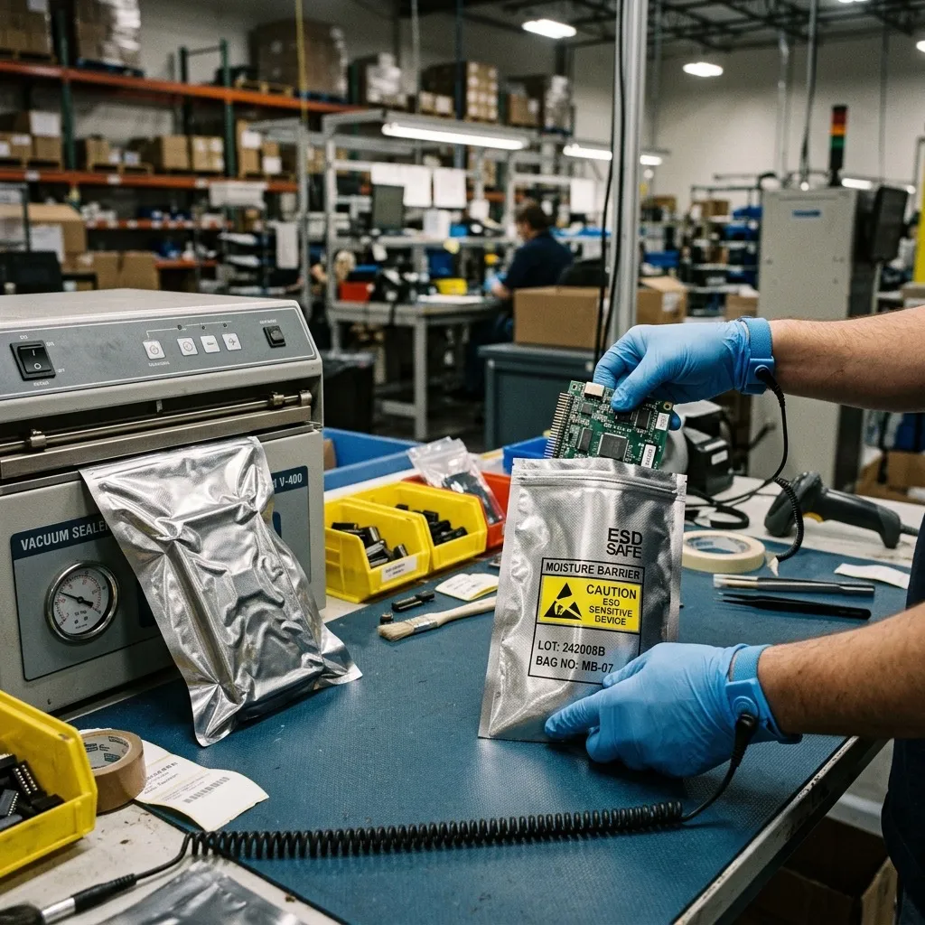Semiconductor components being packaged in silver anti-static moisture barrier bags on an ESD safe workbench