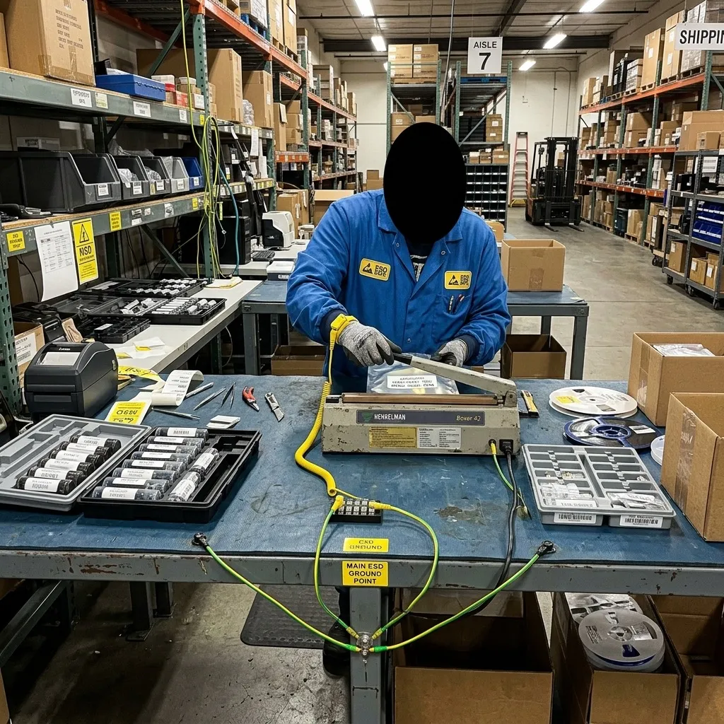 ESD-safe anti-static workbench with grounding wires and vacuum sealer machine for semiconductor packaging