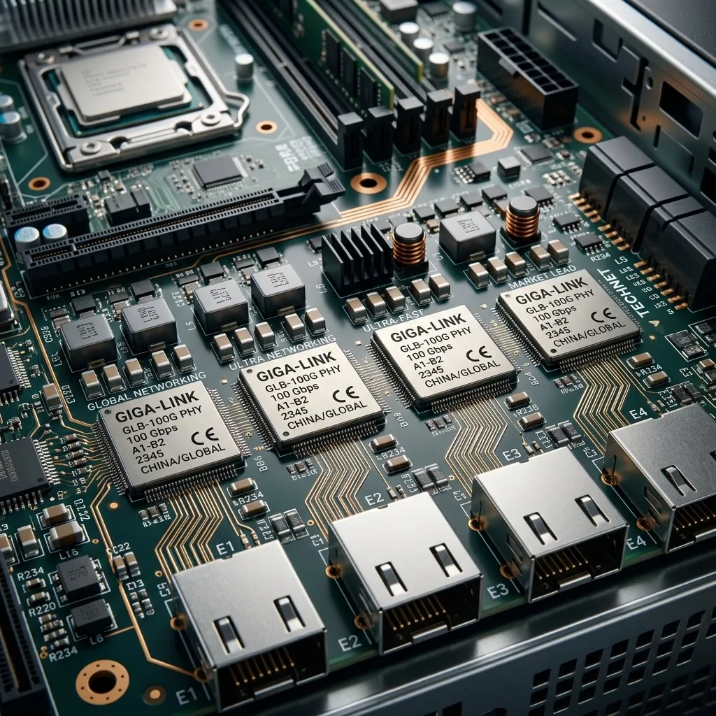 High-speed Ethernet PHY chips on an AI server motherboard representing the GCC ethernet PHY chip market