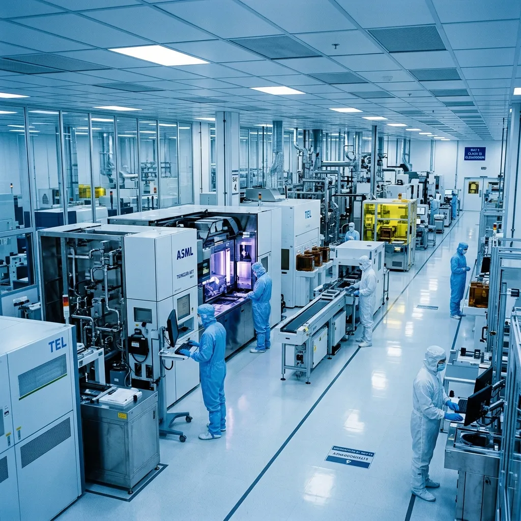 Clean professional wide shot of a modern semiconductor cleanroom with photolithography equipment