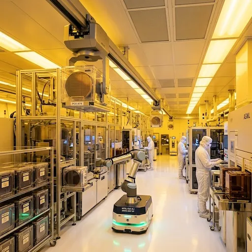 Automated silicon wafer transport inside an advanced cleanroom semiconductor foundry