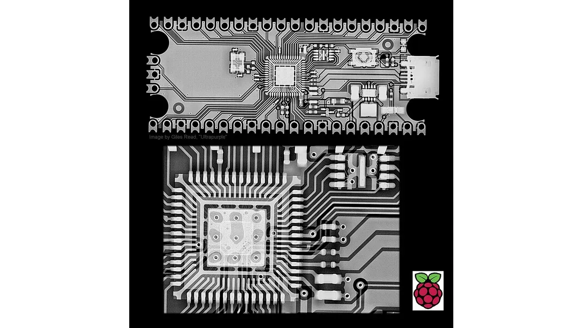 X-ray image showing a circuit board and internal package connections