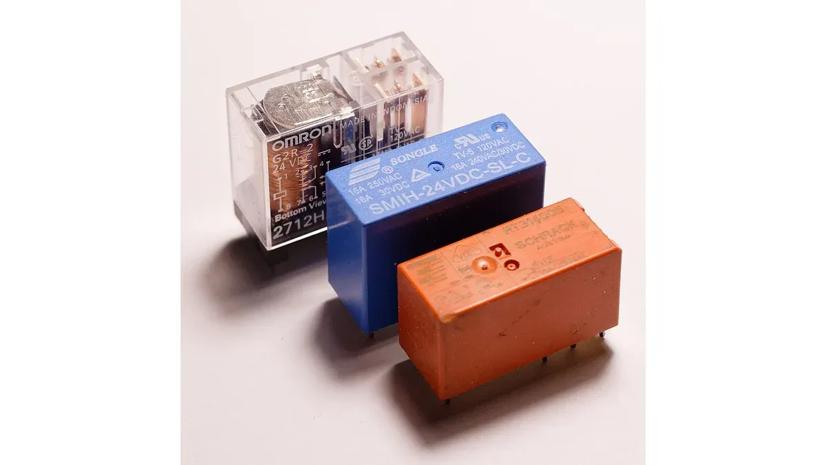 Three electromechanical relays with different housings and contact ratings