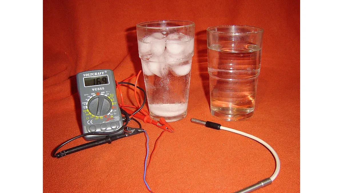 NTC temperature probe connected to a multimeter beside two water containers