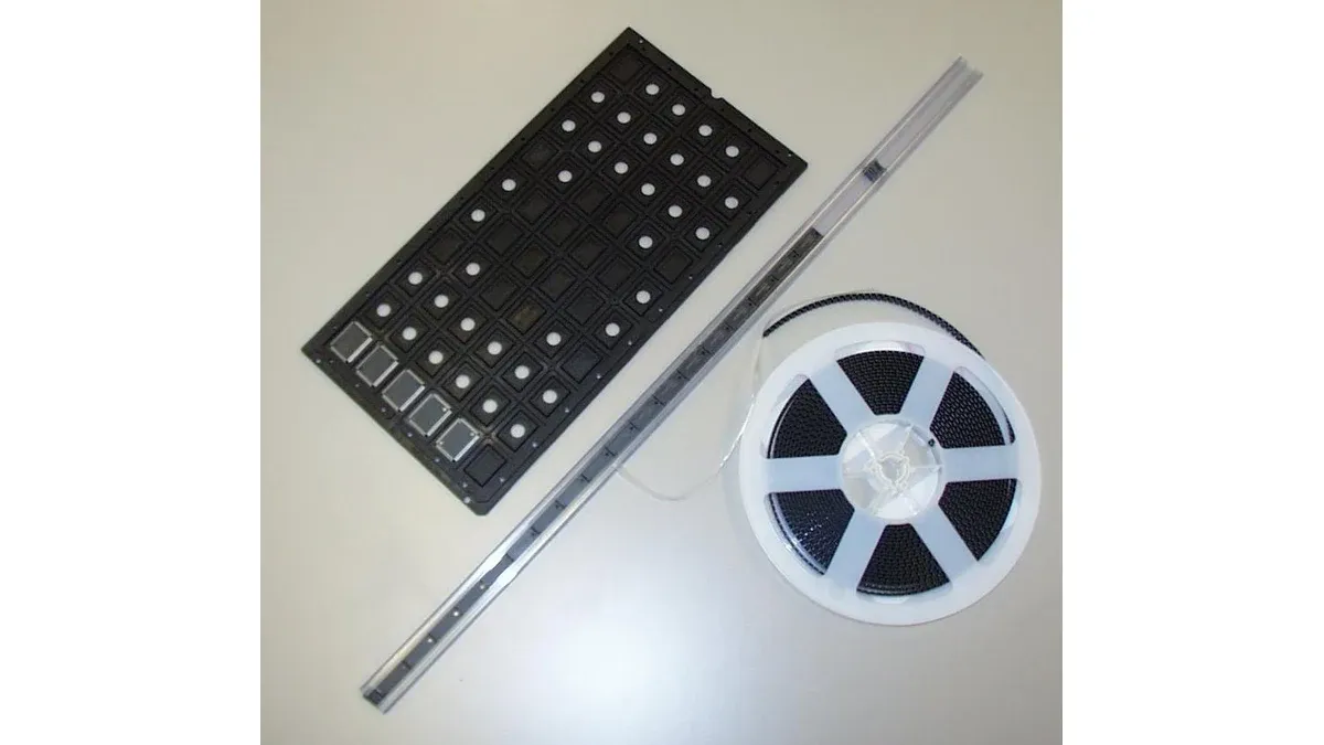 Trays, tubes and a reel used to package electronic components