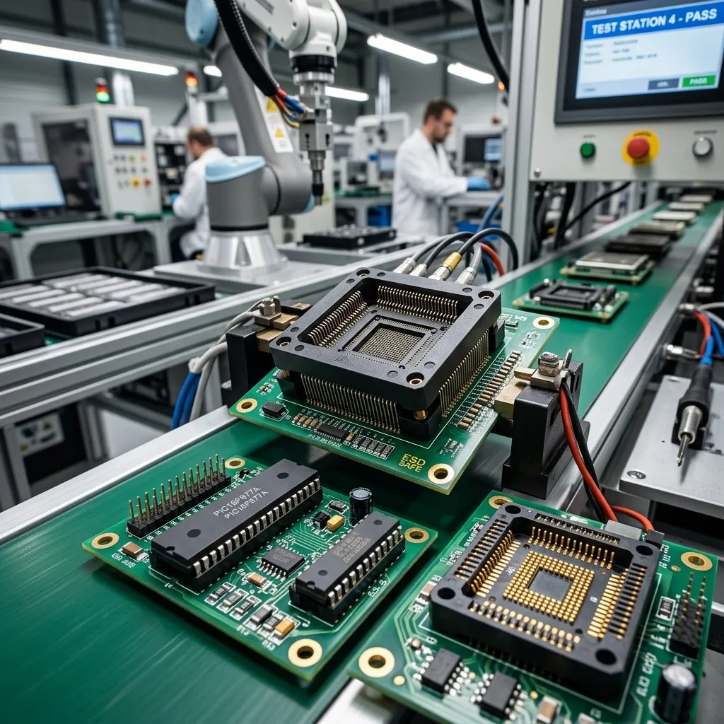 Various IC sockets including DIP microcontroller socket and BGA test sockets on a manufacturing line