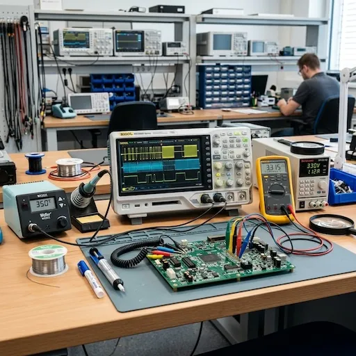 Precision electronic components being assembled into a life-saving medical device in a cleanroom environment