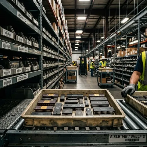 A logistics warehouse storing electronic components, focusing on a tray of vintage legacy microchips organized for obsolescence management