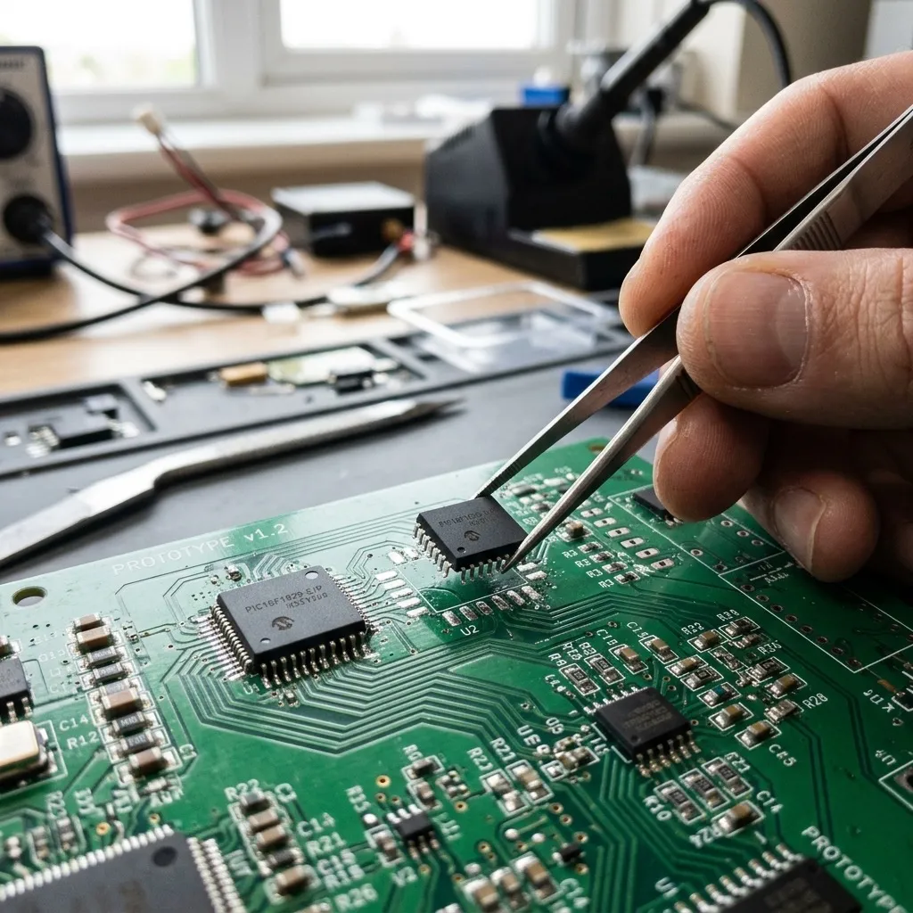 Realistic view of a technician using tweezers for a pin-to-pin compatible IC microcontroller replacement on a PCB