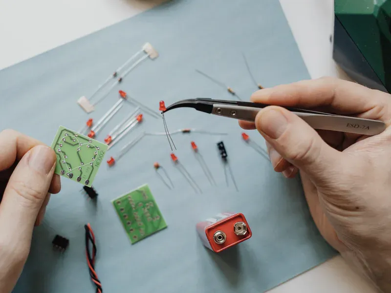 Electronics engineer reviewing a circuit board for pre-freeze BOM cost risk assessment