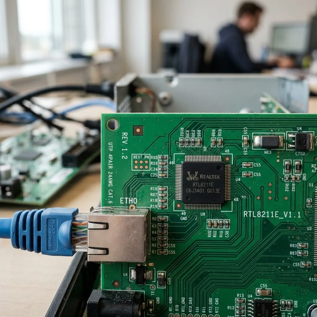 Realistic close-up of a networking microchip on a PCB with ethernet cable for Realtek Ethernet controller sourcing analysis