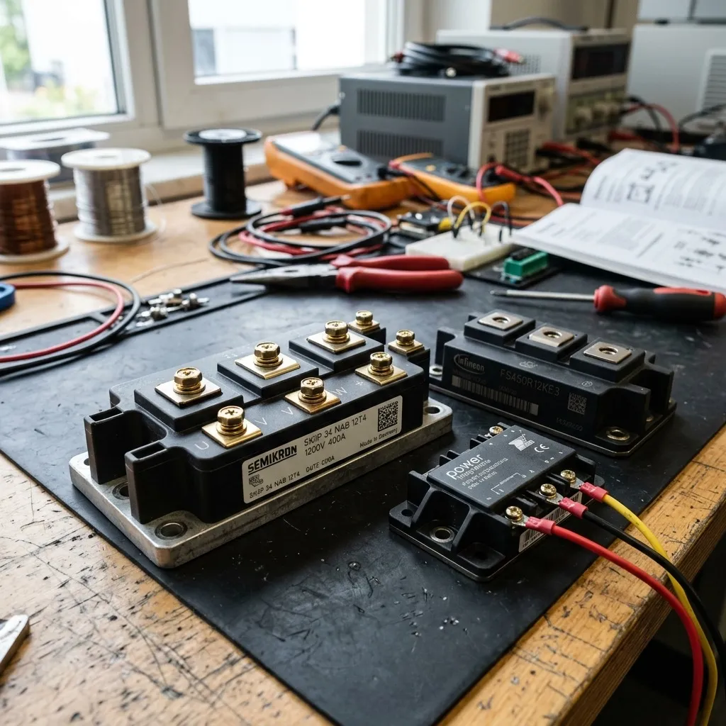 Realistic high-resolution view of industrial power semiconductor modules on an engineering workbench for SiC vs GaN comparison