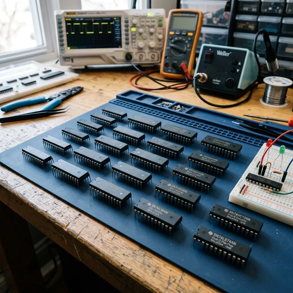 Standard logic IC chips including 74HC and 4000 series CMOS components on PCB for industrial and communication applications