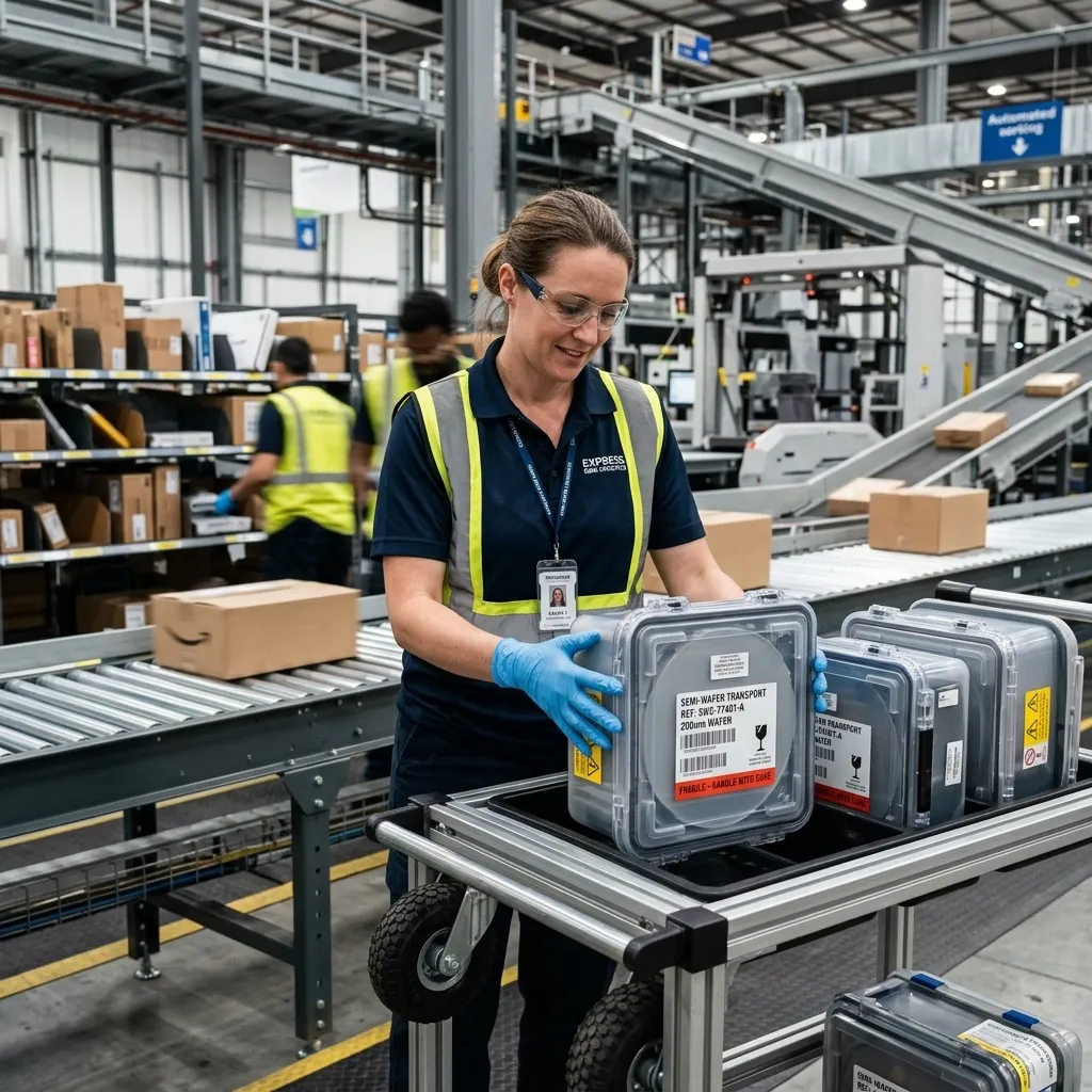 300mm silicon wafers in FOUP (Front Opening Unified Pod) being transported in an automated semiconductor fab material handling system
