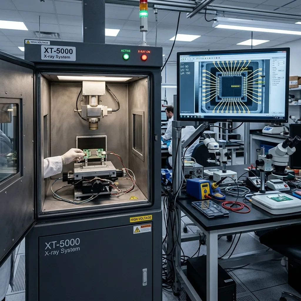 X-ray internal die inspection revealing authentic wire bonds and die frame structure